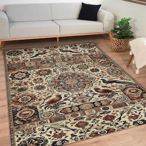 Intricate Persian Bird Rug - Traditional Oriental Carpet for Living Room Home Decor - Vintage Floral Medallion Design - Soft & Durable