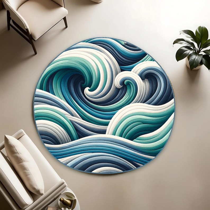 Ocean Waves Round Rug: Coastal Blue Swirl Carpet - Etsy