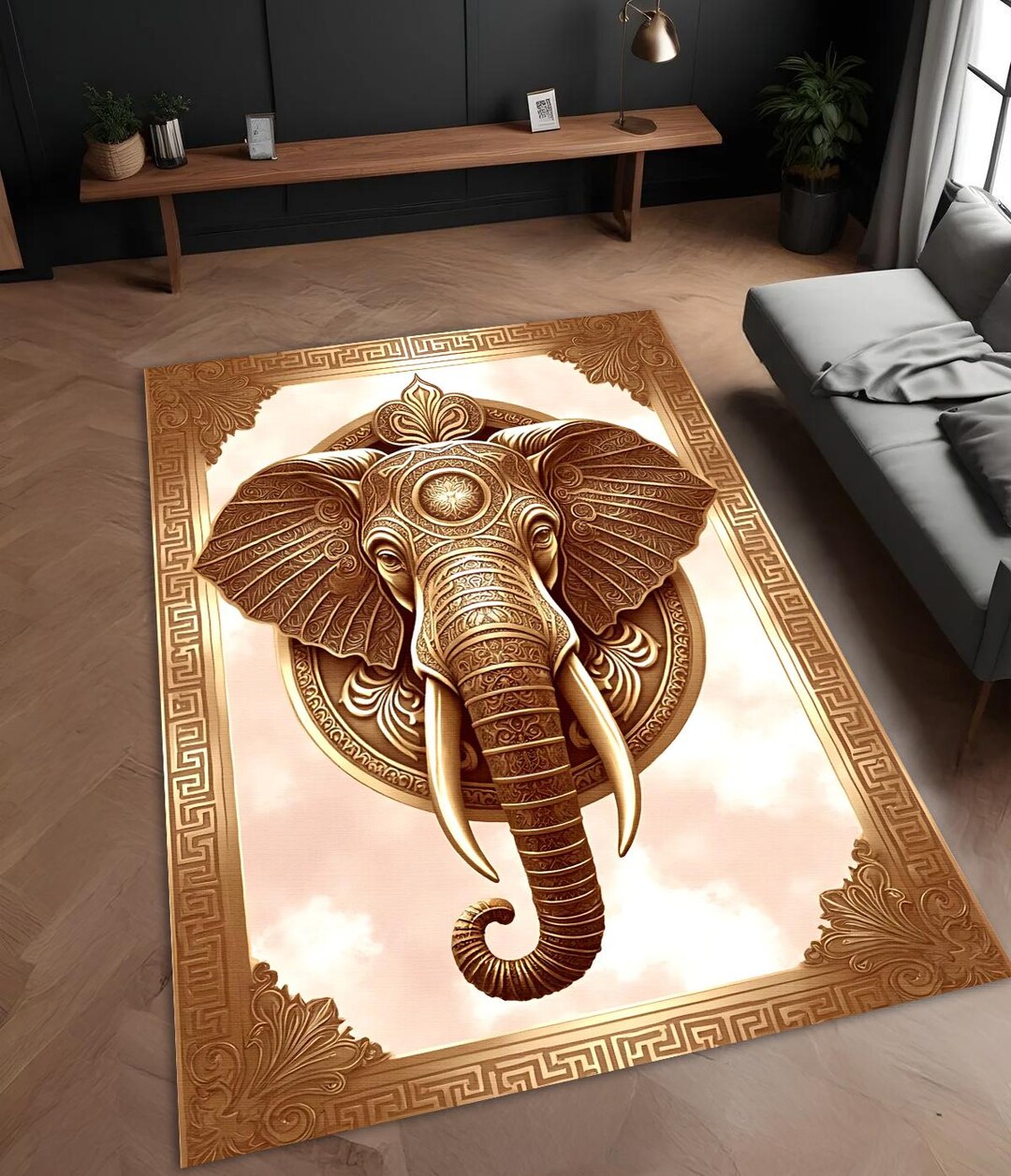 Golden Elephant Rug: Boho Mandala Animal Area Mat - Etsy