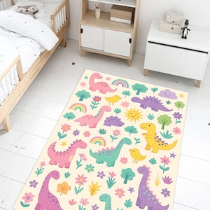 Dinosaur Kids' Room Rug – 2 Design Options! For girls and boys – Pastel Dino Print Carpet, Cute Pink & Colorful Jurassic Theme Kids Room Mat