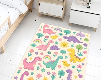 May include: A cream-colored rug with a playful dinosaur theme. The rug features pink, purple, green, and yellow dinosaurs, along with rainbows, clouds, and flowers.