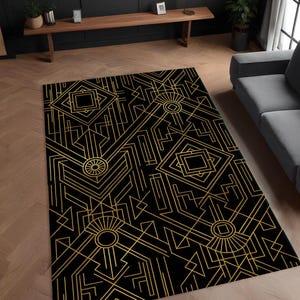 Art Deco Black Gold Rug – Luxurious Geometric Modern Thin Carpet, Great Gatsby 1920s Glam Style, Elegant Bold Living Room Mat