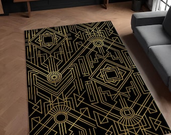 May include: Black and gold geometric area rug with an intricate pattern of lines and shapes. The rug has a modern and stylish design.