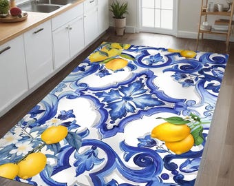 Tapete de cozinha com azulejos em tons de limão e azul – estilo mediterrâneo em cerâmica.