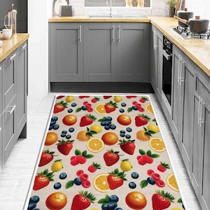 Colorful Fruit Kitchen Rug - Fresh Berry & Citrus Mat - Vibrant Non-Slip Carpet - Soft Washable Area Rug for Kitchen Dining Room