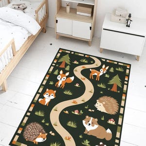 Woodland Animal Kids Rug - Cute Forest Themed Play Mat - Non-Slip Soft Carpet - Washable Nursery & Playroom Rug for Toddlers Kids