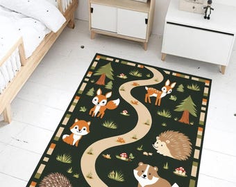 Woodland Animal Kids Rug: Forest Play Mat, Non-Slip Nursery Carpet