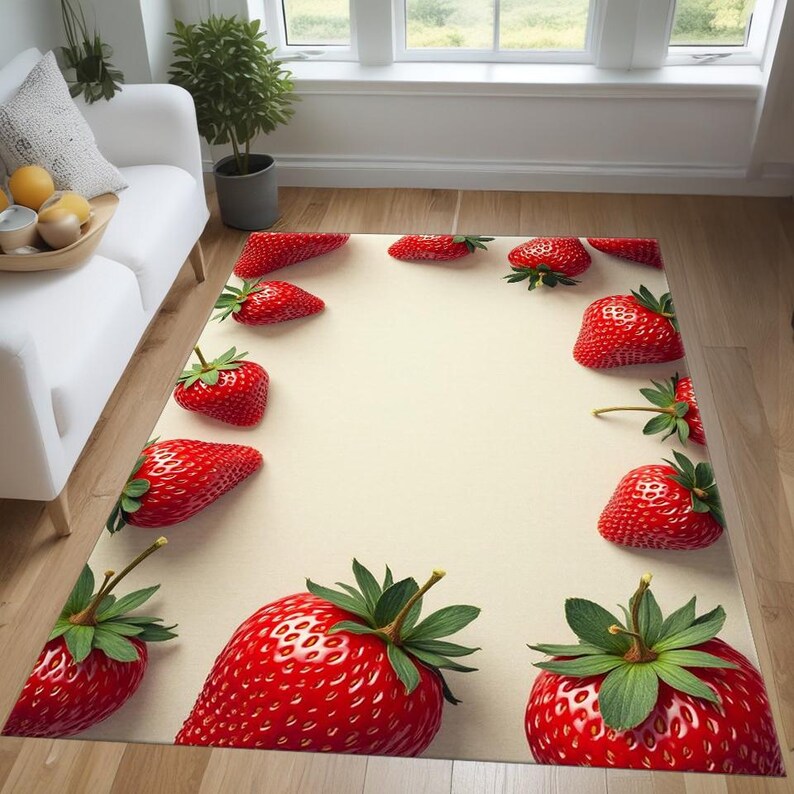 Stawberry Rug Strawberry Kitchen Rug: Farmhouse Red Fruit Border, Washable Accent Mat ...