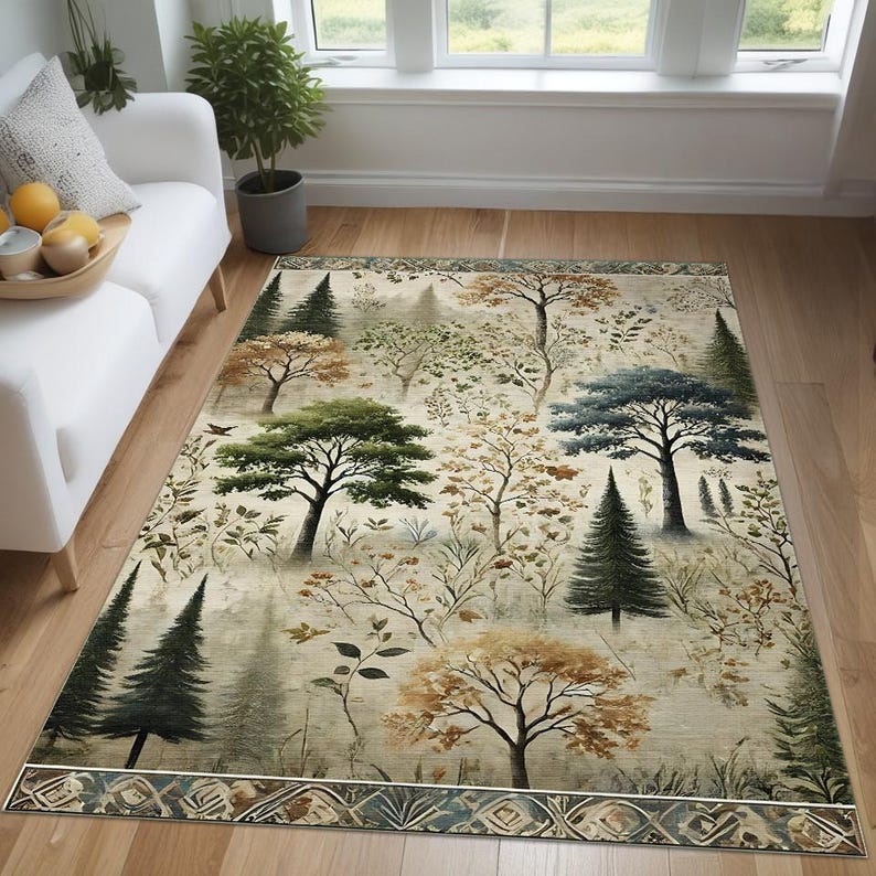 Woodland Area Rug: Rustic Forest Tree Print, Vintage Style - Etsy