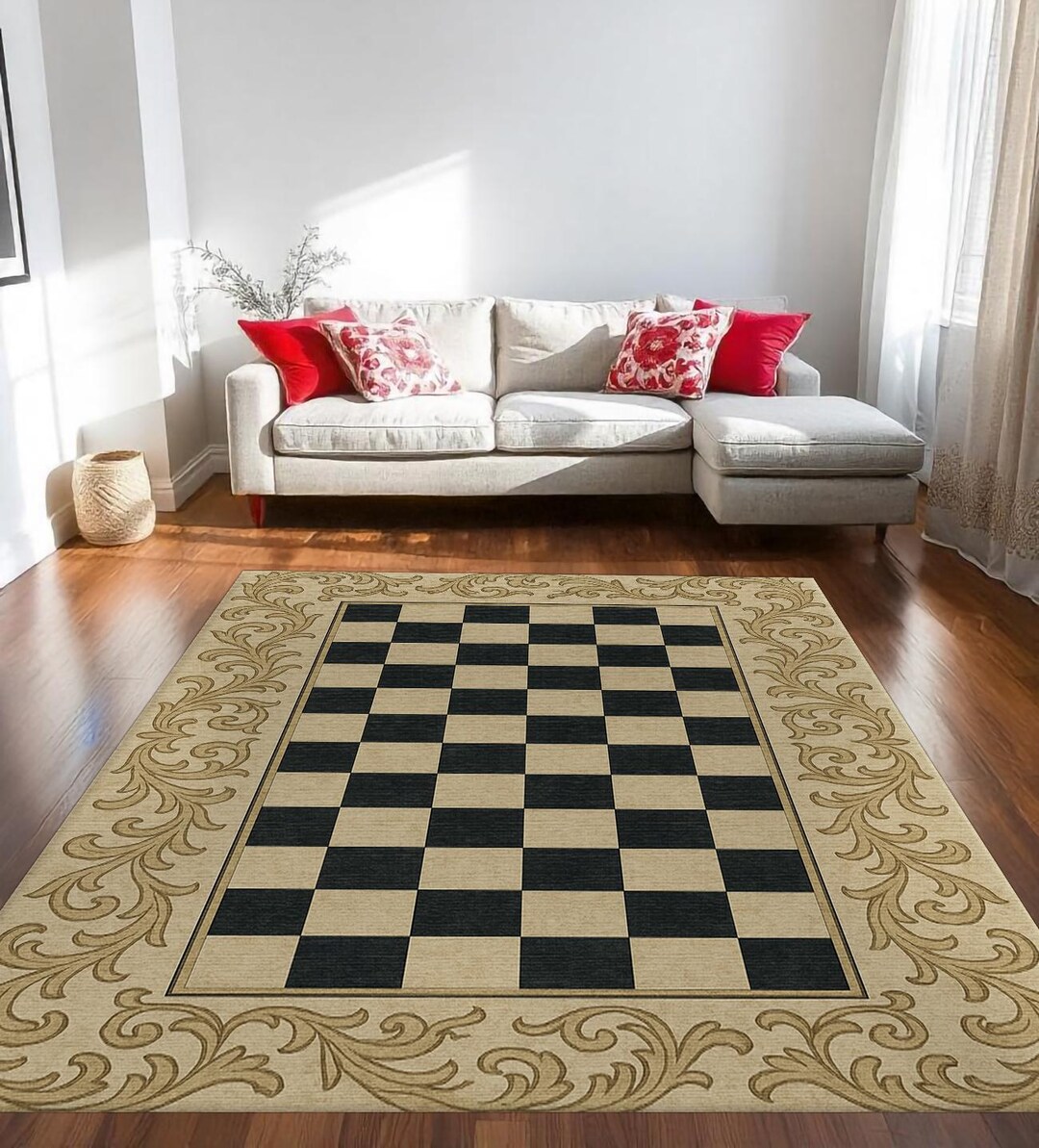Faded Checkerboard Rug Chessboard-inspired Rug – Elegant Black Cream Checkered Look Modern ...