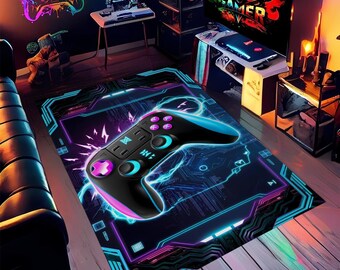 Alfombra de neón con control de juegos: decoración futurista ciberpunk para la habitación de un gamer