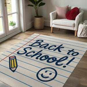 Fun learning rug designed as a school notebook page, great for teachers decorating classrooms.