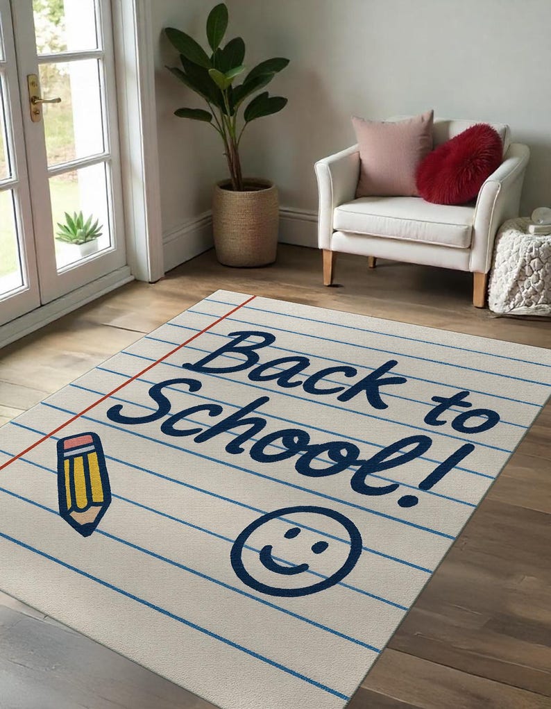 Fun learning rug designed as a school notebook page, great for teachers decorating classrooms.