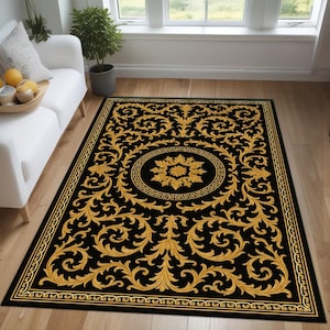 Black & Gold Baroque Rug – Rococo Style Medallion Print Carpet, Ornate Classical Scrollwork Design, Elegant Thin Area Rug