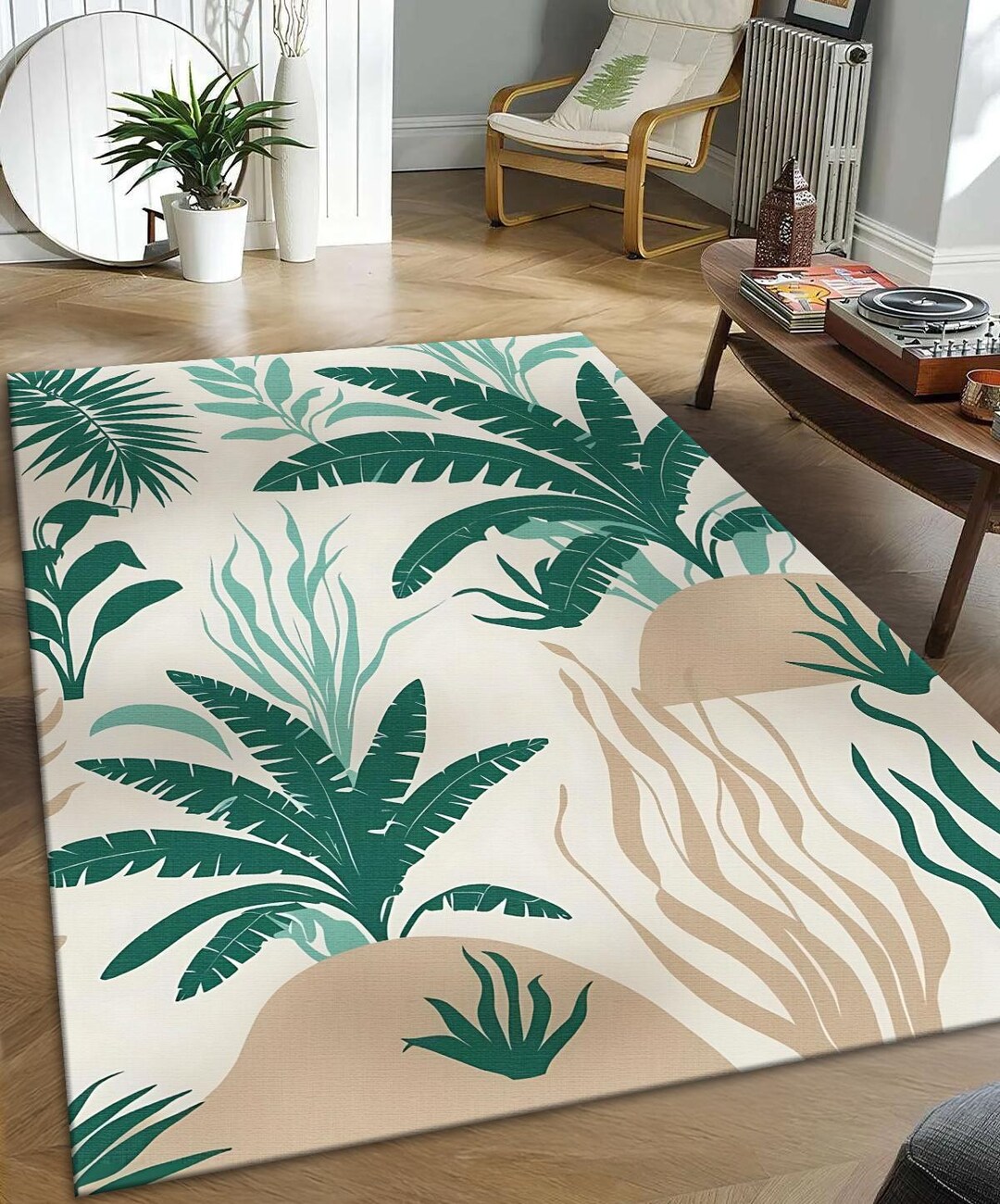 Palm Rug Tropical Palm Leaf Rug: Coastal Beige & Green Boho Floor Mat - Etsy
