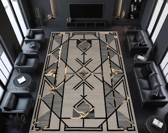 May include: A geometric patterned rug with black, gold, and white lines on a beige background. The rug is in a modern living room with black leather furniture.