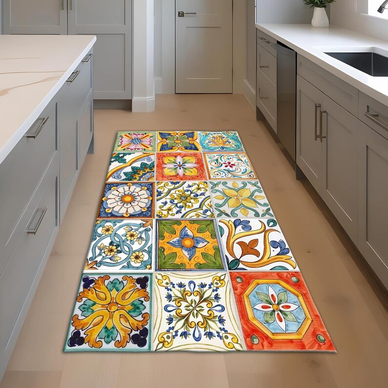 Mediterranean Tile Print Kitchen Rug: Colorful Spanish Moroccan Floor ...