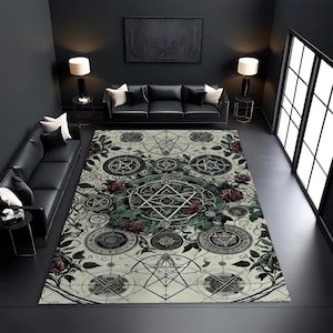Gothic Dark Aesthetic Rug – Occult Alchemy Symbol Rug, Witchy Pentagram Area Rug, Esoteric Mystical Carpet for Living Room & Bedroom