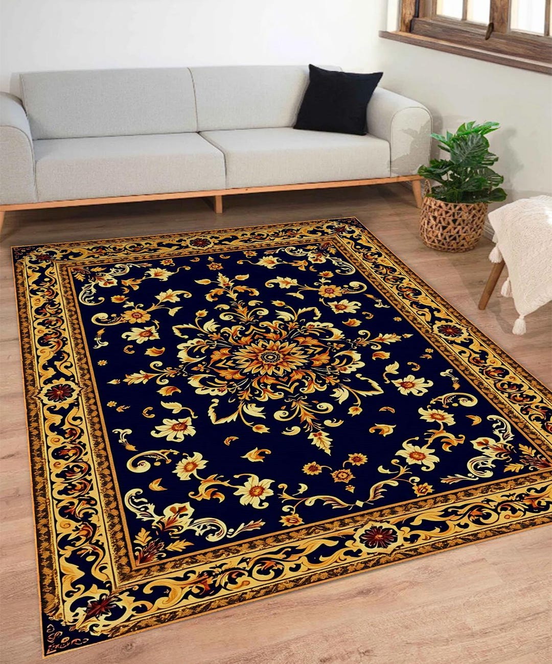 Navy & Gold Persian Inspired Rug: Elegant Floral Medallion Print ...