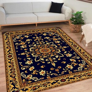 Navy & Gold Persian Rug – Elegant Floral Medallion Carpet – Traditional Oriental Inspired Area Rug – Vintage-Style Non-Slip Washable Rug