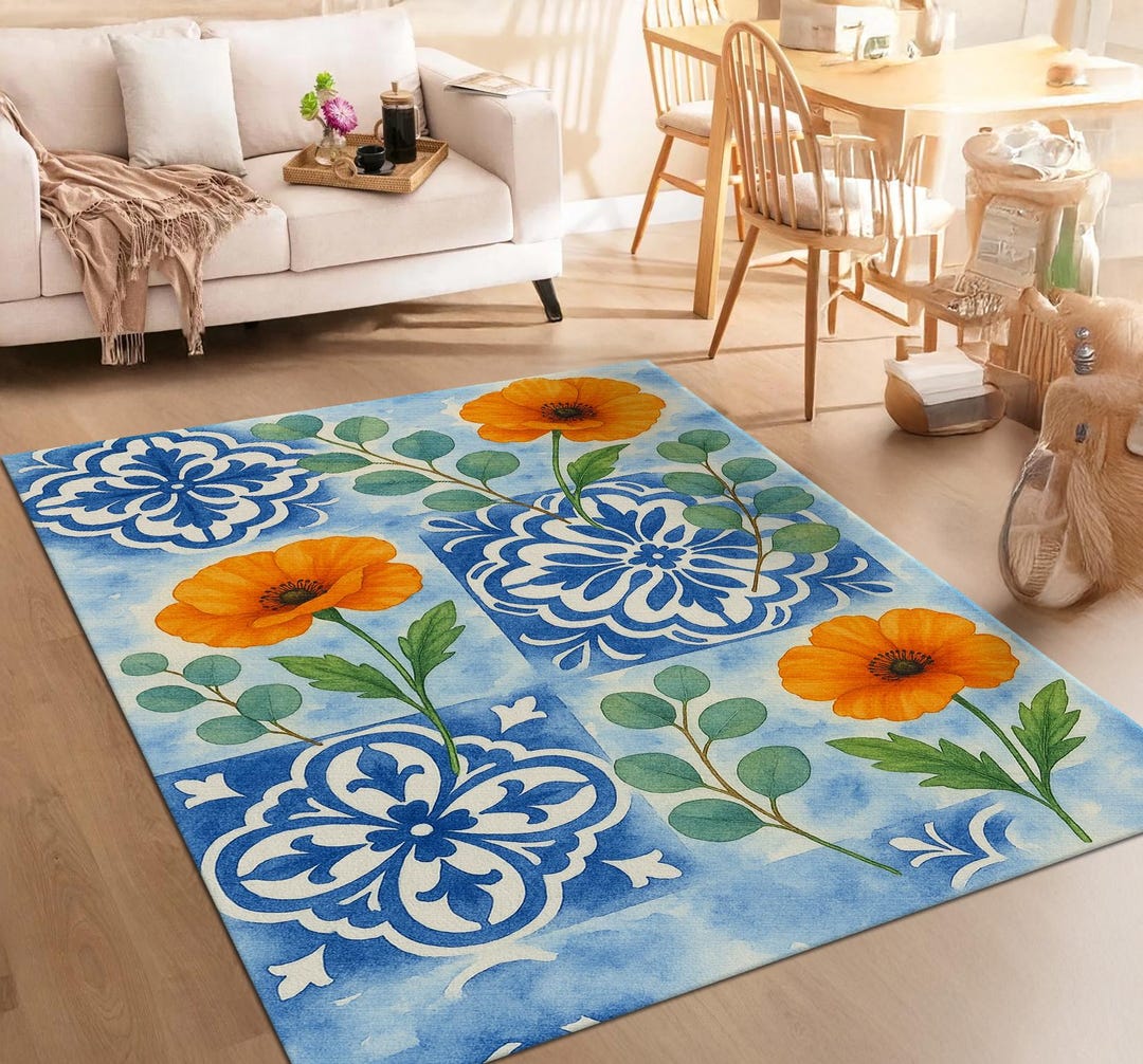Amalfi Floral Rug – Mediterranean Tile Style, Orange Poppies - Etsy
