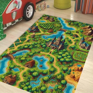 Pixelart gamekaarttapijt – kleurrijk RPG-fantasie-avonturentapijt voor gamers, kinderspeelkamer, gamingkamer, geeky interieur- en slaapkamerinrichting
