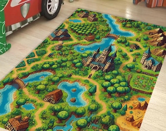 Pixel Art Game Map Rug: RPG Fantasy Adventure Decor