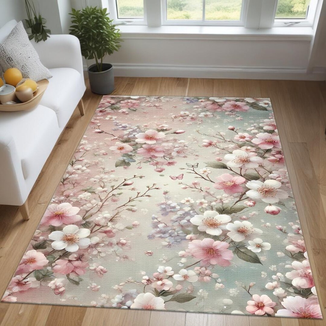 Vintage Floral Area Rug: Pink Cherry Blossoms, Romantic Home Decor - Etsy