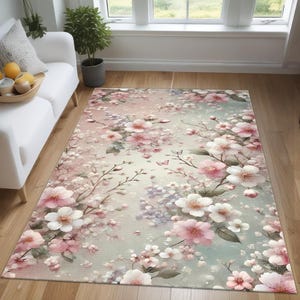 Teppich im Vintage-Stil mit Blumenmuster - Gemütliches rustikales Wohndekor, zarte rosa & weiße Blumen auf Beige, romantischer ästhetischer Teppich für Wohnzimmer, Schlafzimmer