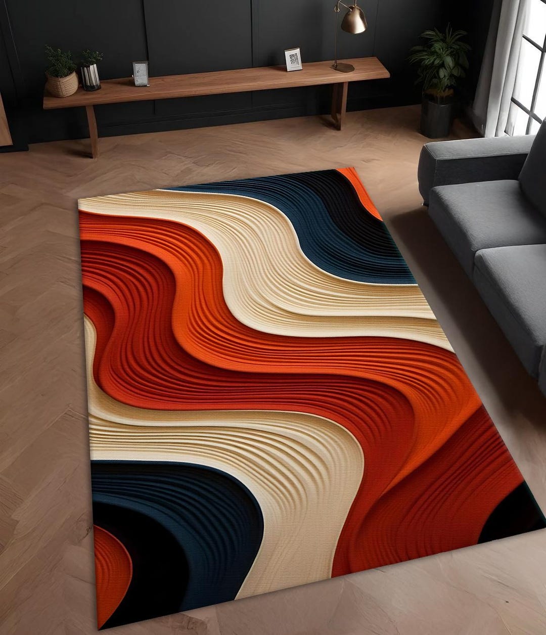 Red Abstract Boho Rug Abstract Wave Rug: Red, Beige & Black - Modern Art Decor - Etsy