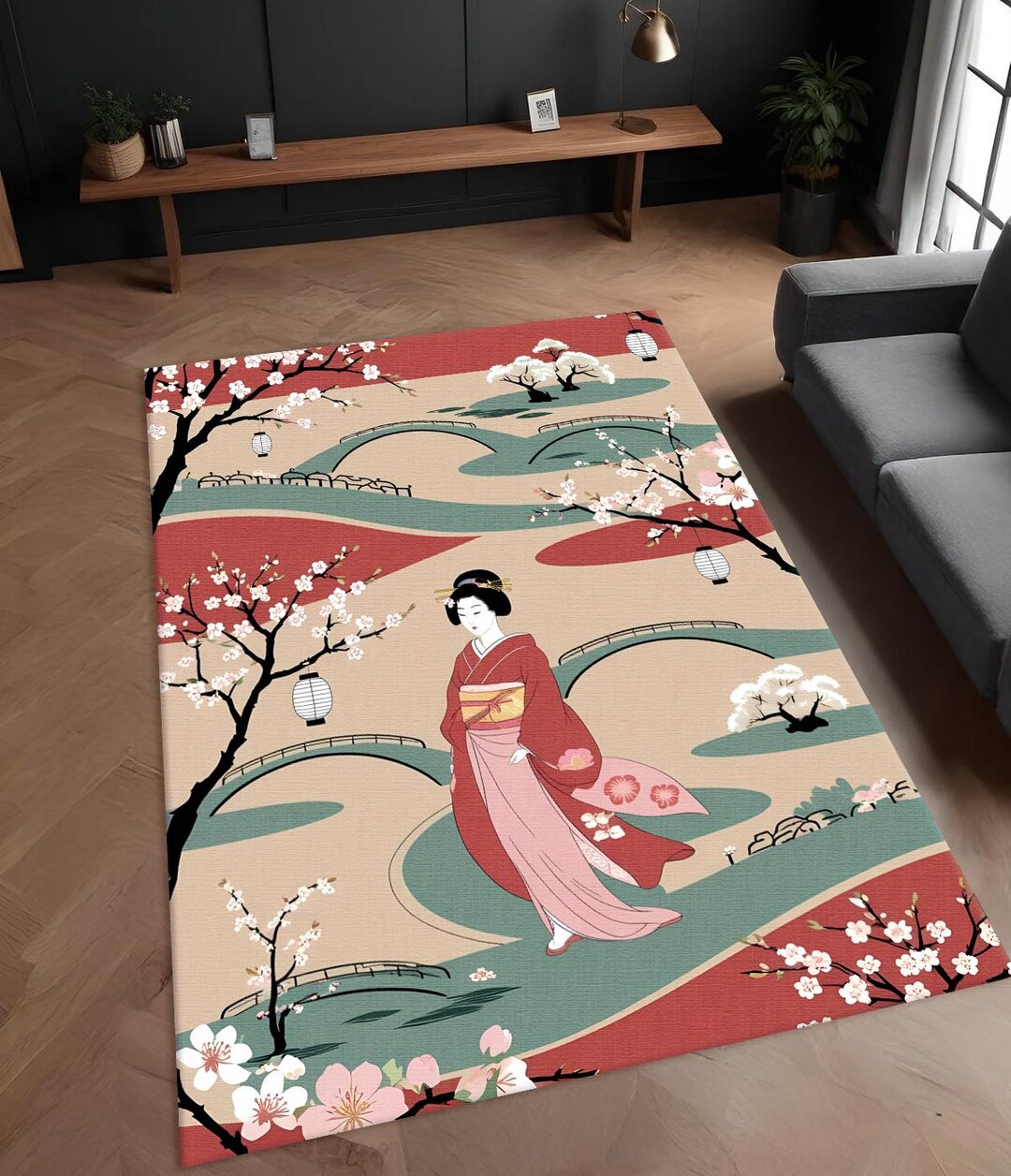Japanese Pattern Rug Background Japanese Geisha Rug: Cherry Blossom Art, Soft Pastel Decor - Etsy