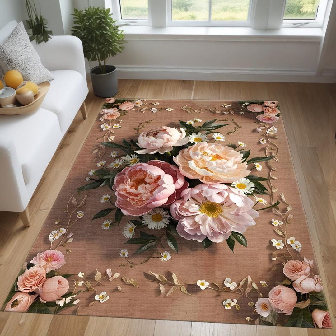 Vintage Peony Floral Rug: Pink Beige Flower Area Carpet - Etsy