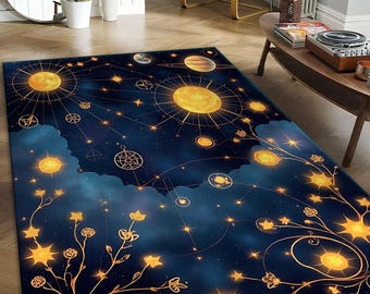 Celestial Area Rug: Boho Sun & Stars, Cosmic Galaxy Floor Mat