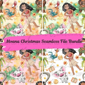 May include: A seamless pattern featuring characters from the animated film Moana, including Moana, Hei Hei the rooster, Pua the pig, and Maui. The design incorporates tropical elements like palm trees, flowers, and gift boxes, with a pink banner that reads "Moana Christmas Seamless File Bundle."