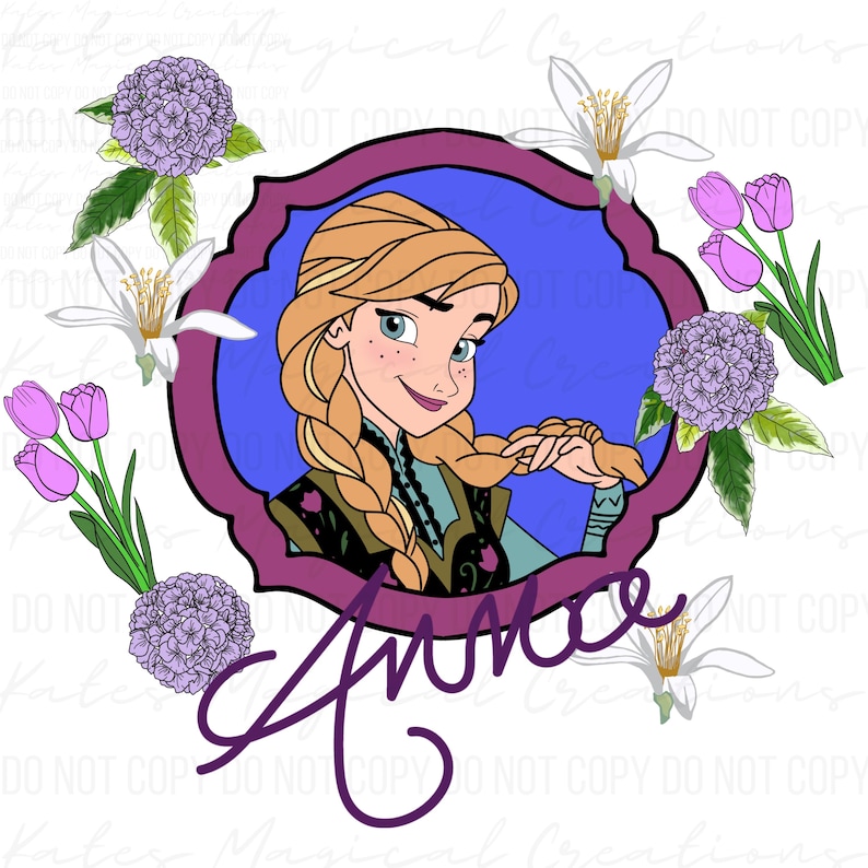 May include: A digital illustration of a character named Anna with blonde braids, framed in a purple border. The image is decorated with purple hydrangeas, white flowers, and pink tulips. The name "Anna" is written in a cursive font.
