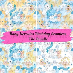May include: A digital file bundle featuring a repeating pattern with cartoon Hercules characters, pegasus, and baby Hercules. The design includes blue, yellow, and white elements, with the text "Baby Hercules Birthday Seamless File Bundle".