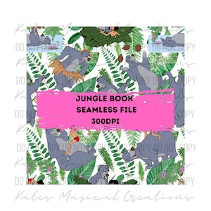 May include: A seamless digital pattern featuring cartoon bears and a young boy amidst green jungle foliage. A bright pink rectangular overlay in the center displays the black text: JUNGLE BOOK SEAMLESS FILE 300DPI. The background is white.