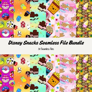 Puede incluir: Un paquete de descarga digital de 30 patrones sin costuras con aperitivos de Disney. Los patrones incluyen imágenes de Mickey Mouse, Minnie Mouse, Winnie the Pooh y otros personajes de Disney. Los patrones son de varios colores y presentan una variedad de aperitivos, como churros, palomitas de maíz, helados y donas.