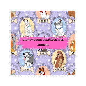 Può includere: Motivo senza cuciture con cani Disney in cornici ovali su sfondo viola chiaro. Il design include personaggi come Dodger, Max e Copper, con dettagli a forma di osso. Il testo recita "Disney Dogs Seamless File" e "300DPI".