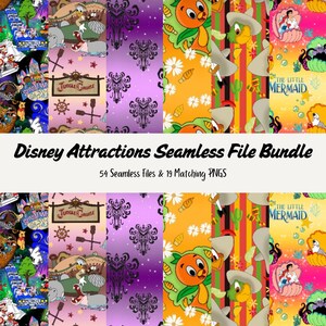Op de afbeelding: Een digitale collage van 10 verschillende naadloze patronen met Disney-attractiethema. De patronen omvatten het Spookhuis, de Jungle Cruise, Pirates of the Caribbean en It's a Small World. De tekst "Disney Attractions Seamless File Bundle" en "54 Seamless Files & 19 Matching PNGS" wordt bovenaan de afbeelding weergegeven.