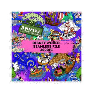 Puede incluir: Un vibrante archivo sin costuras de Disney World con personajes y atracciones icónicas. El diseño incluye imágenes de Mickey Mouse, Donald Duck y Winnie the Pooh, sobre un fondo de galaxia púrpura. El texto dice "Disney World Seamless File 300DPI".
