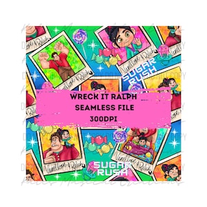 May include: A digital seamless pattern featuring Wreck-It Ralph and Vanellope von Schweetz in various polaroid-style frames, interspersed with colorful candy illustrations, starbursts, and the text Sugar Rush on a vibrant green and blue background.