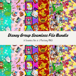 May include: A digital collage of 39 seamless files and 2 matching PNGs featuring various Disney characters. The collage includes characters like Stitch, Mickey Mouse, Winnie the Pooh, and more. The background is a mix of bright colors and patterns.