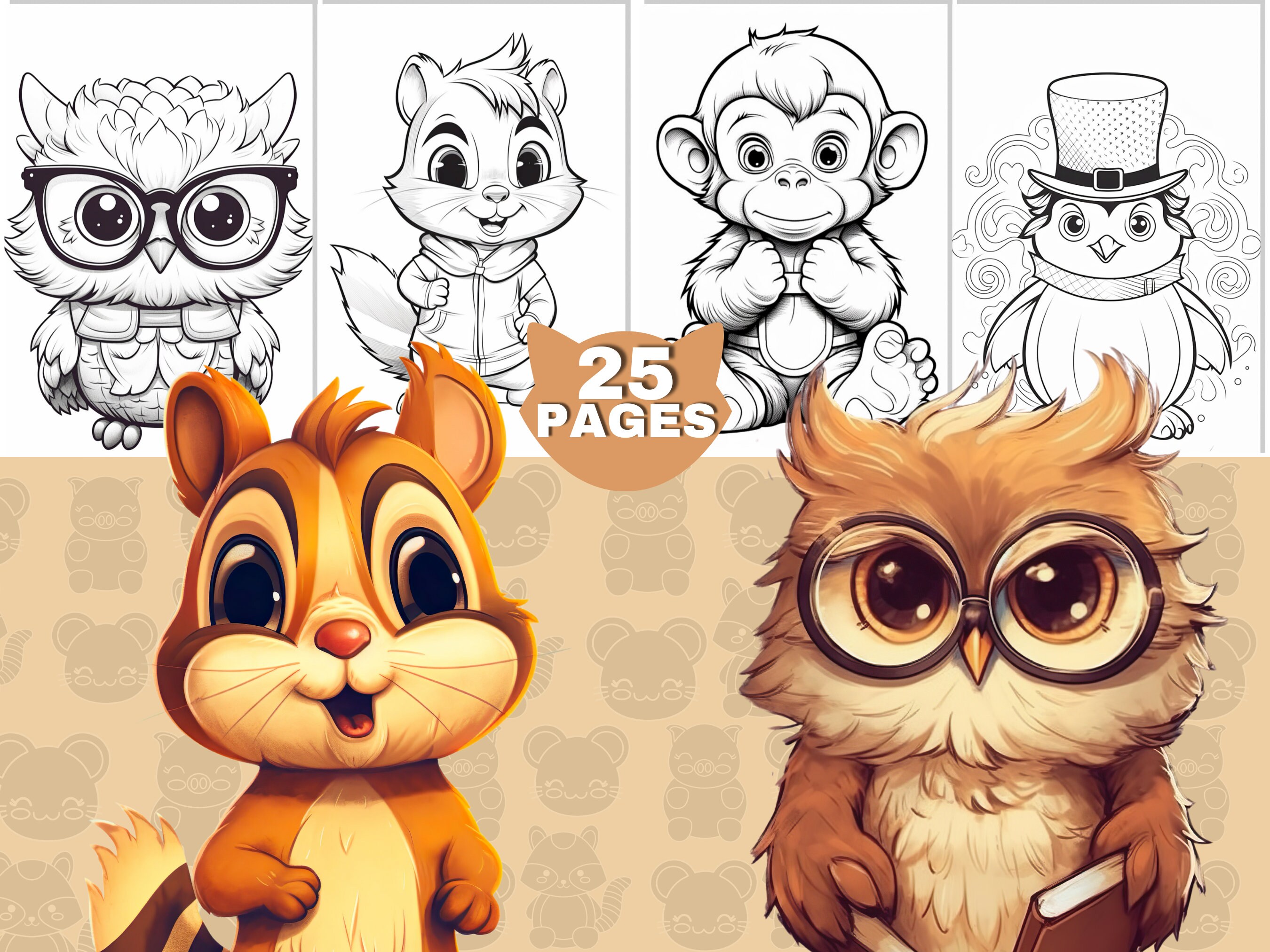 25 Cute Animals Coloring Page Book for Adults and Kids, Grayscale ...
