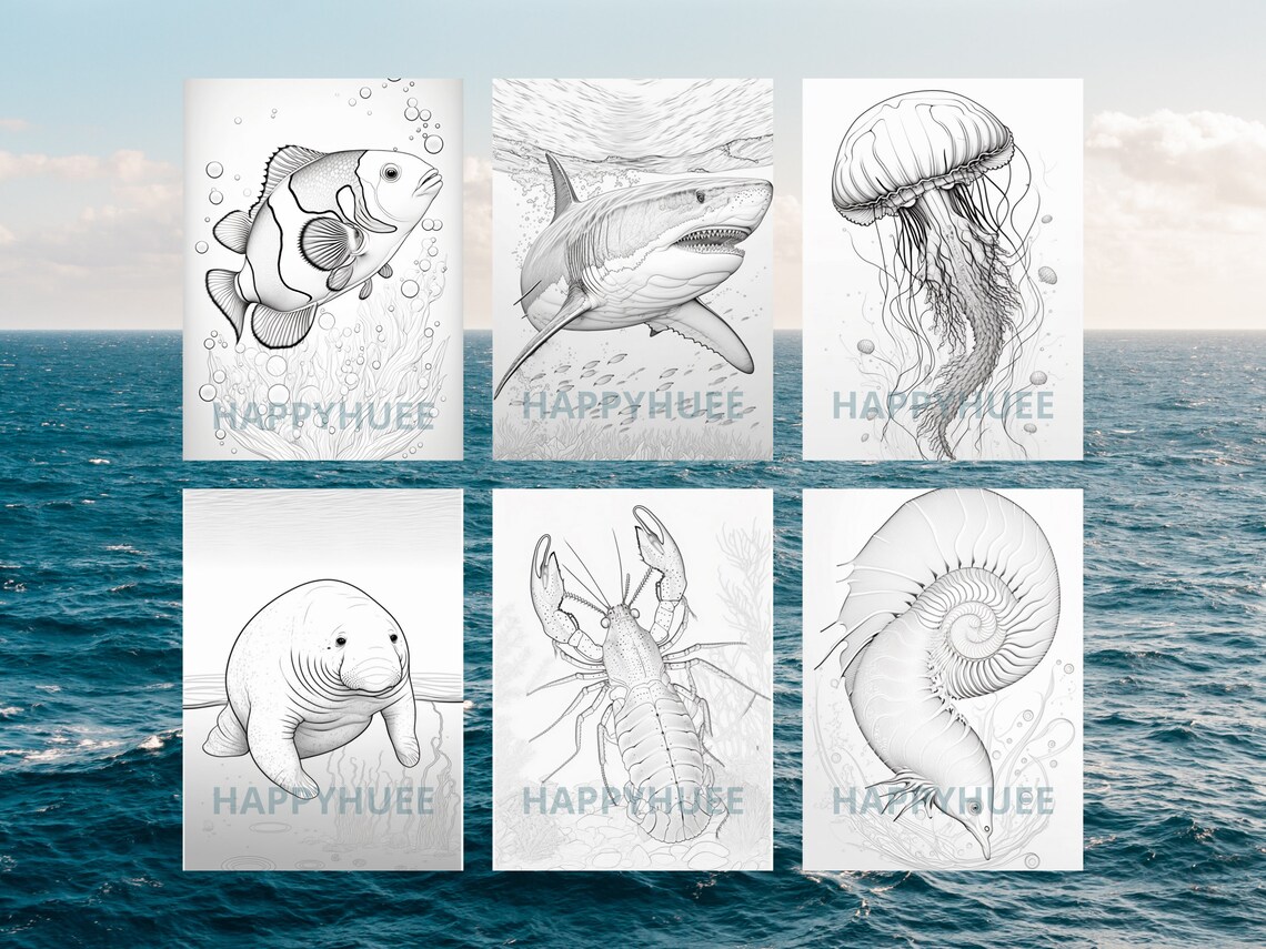 15 Sea Creatures Coloring Page Book for Adults and Kids, Grayscale ...