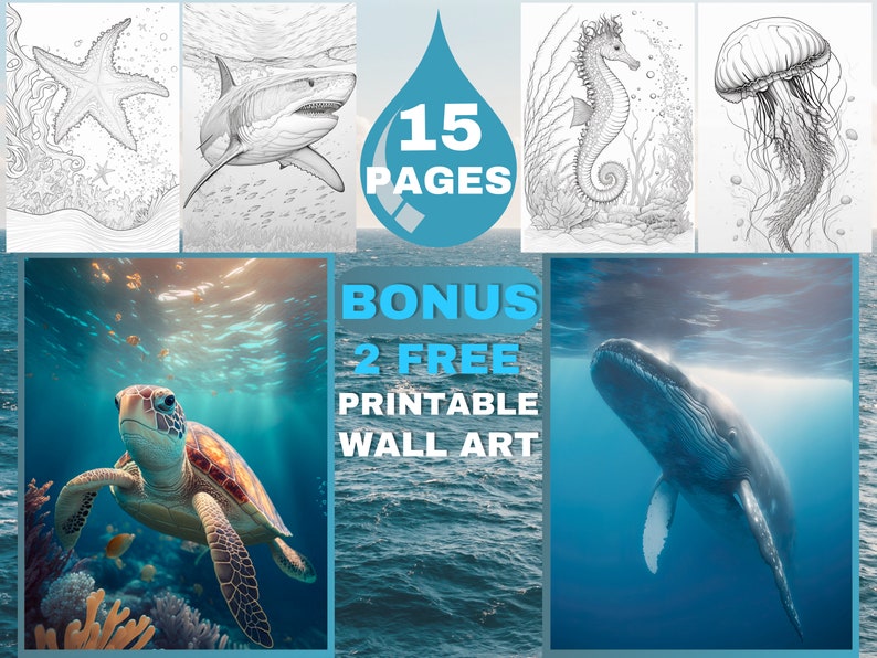 15 Sea Creatures Coloring Page Book for Adults and Kids, Grayscale ...