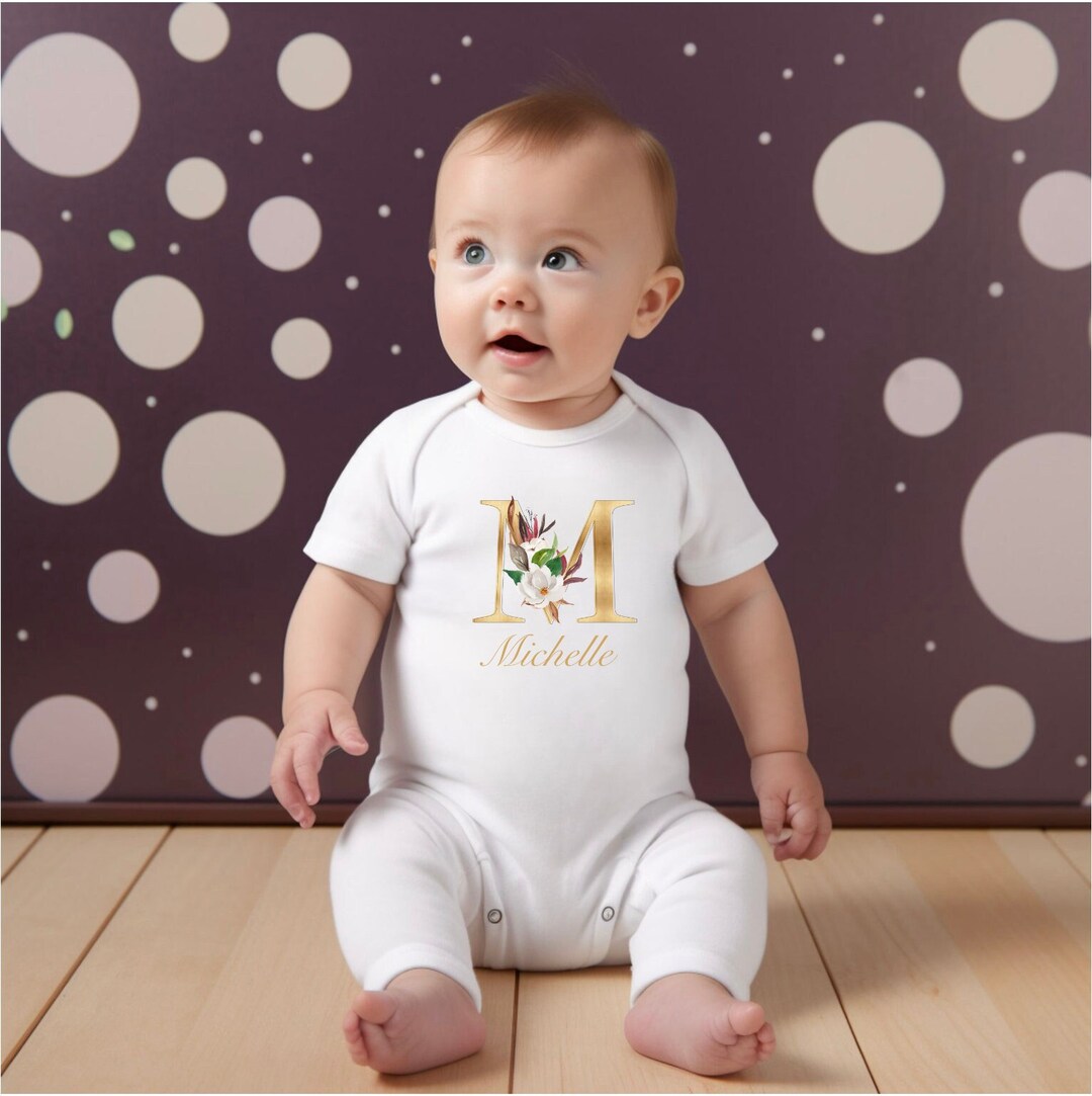 Personalized Floral Baby Girl Onesie Custom Onesie girl Gold Etsy