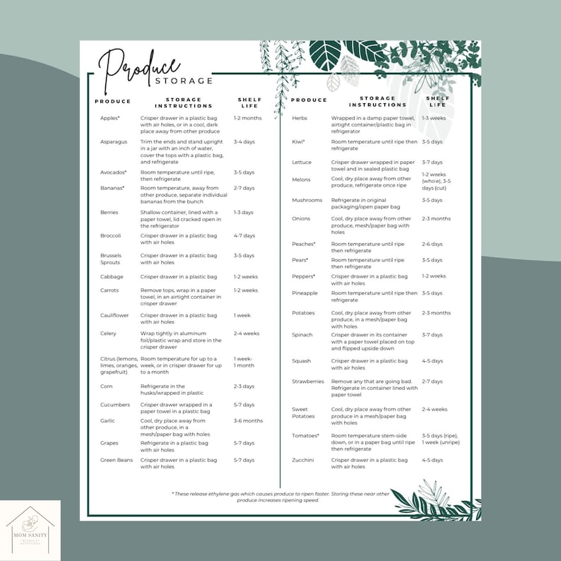 Produce Conversion Chart Meal Plan Produce Storage Kitchen Conversion in Season Produce Digital ...