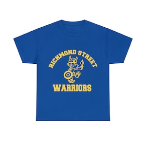 May include: Royal blue t-shirt with a yellow graphic of a cartoon warrior holding a spear and shield. The text "Richmond Street Warriors" is printed in yellow.