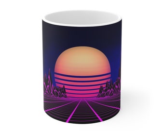 Retrowave Cyberpunk 80s style sunset Ceramic Mug 11oz